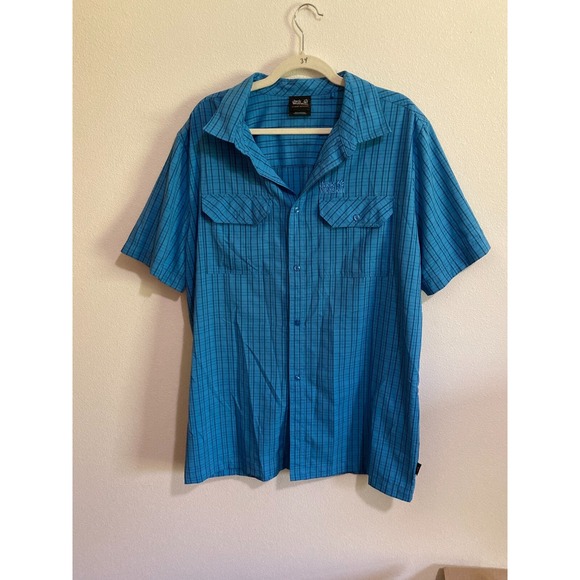 Jack Wolfskin Blue‎ Button Up Shirt Size XL Men Short Sleeve Outdoor Travel QMC - Picture 1 of 9